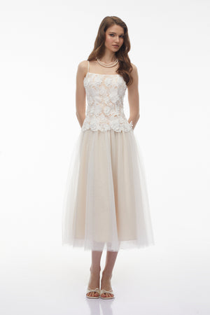 Aurohaya Yael White Lace Panel Tulle Midi Dress