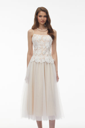 Aurohaya Yael White Lace Panel Tulle Midi Dress