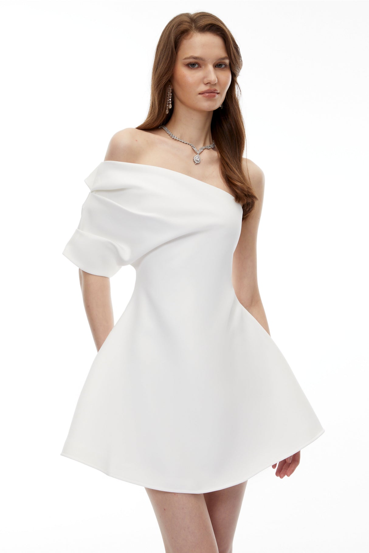 Aurohaya Yaffa White One Sleeve Asymmetrical Mini Dress