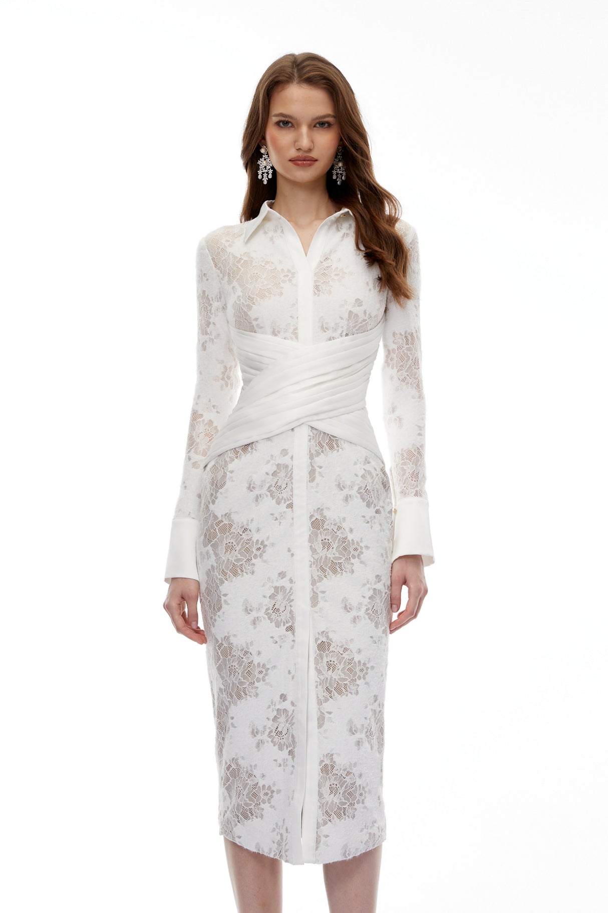 Aurohaya Yarden White Floral Lace Wrap Midi Dress