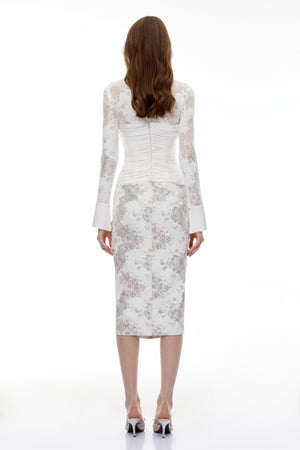 Aurohaya Yarden White Floral Lace Wrap Midi Dress