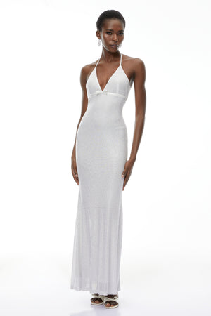 Aurohaya Yasmine Silver Rhinestone Embellished Maxi Dress