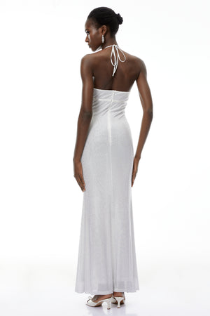 Aurohaya Yasmine Silver Rhinestone Embellished Maxi Dress