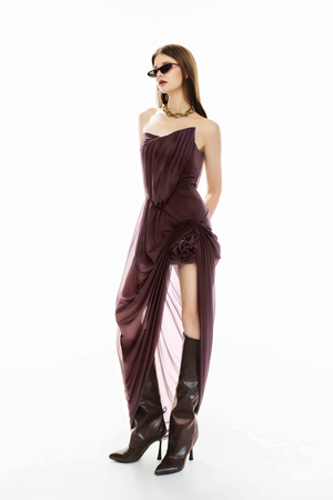 Aurohaya Yelyzaveta Purple Asymmetrical Maxi Dress with 3D Petals