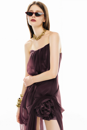 Aurohaya Yelyzaveta Purple Asymmetrical Maxi Dress with 3D Petals