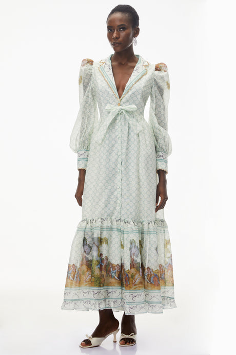Aurohaya Yemaya Sage Green Plunge Neck Floral Maxi Dress