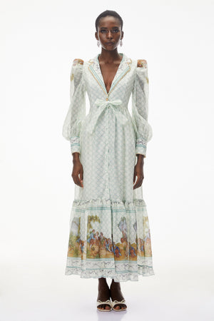Aurohaya Yemaya Sage Green Plunge Neck Floral Maxi Dress