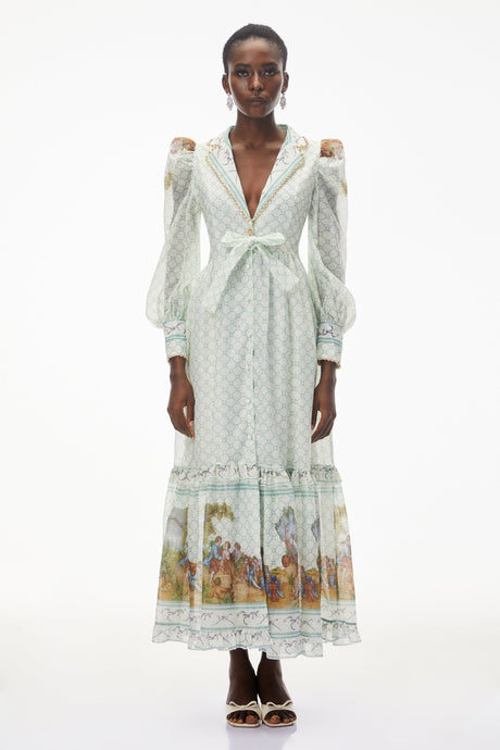Aurohaya Yemaya Sage Green Plunge Neck Floral Maxi Dress