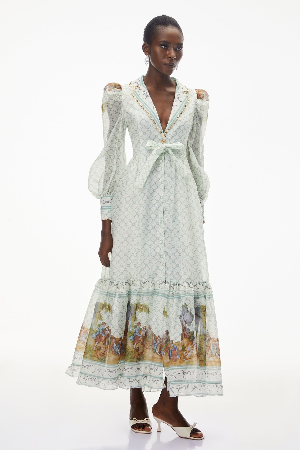 Aurohaya Yemaya Sage Green Plunge Neck Floral Maxi Dress