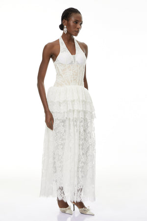 Aurohaya Yoliswa White Floral Appliqué Tiered Maxi Dress