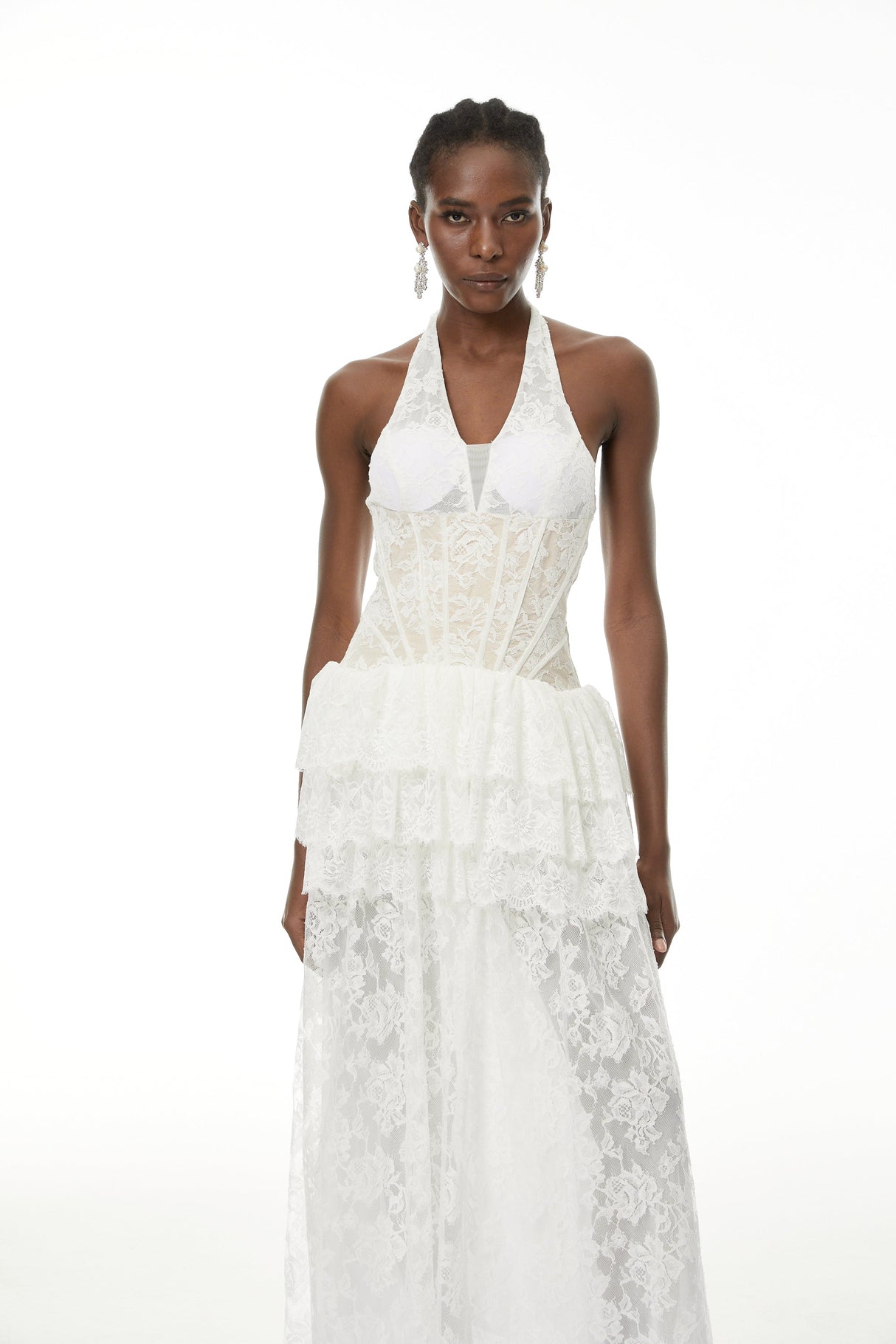Aurohaya Yoliswa White Floral Appliqué Tiered Maxi Dress