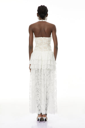 Aurohaya Yoliswa White Floral Appliqué Tiered Maxi Dress