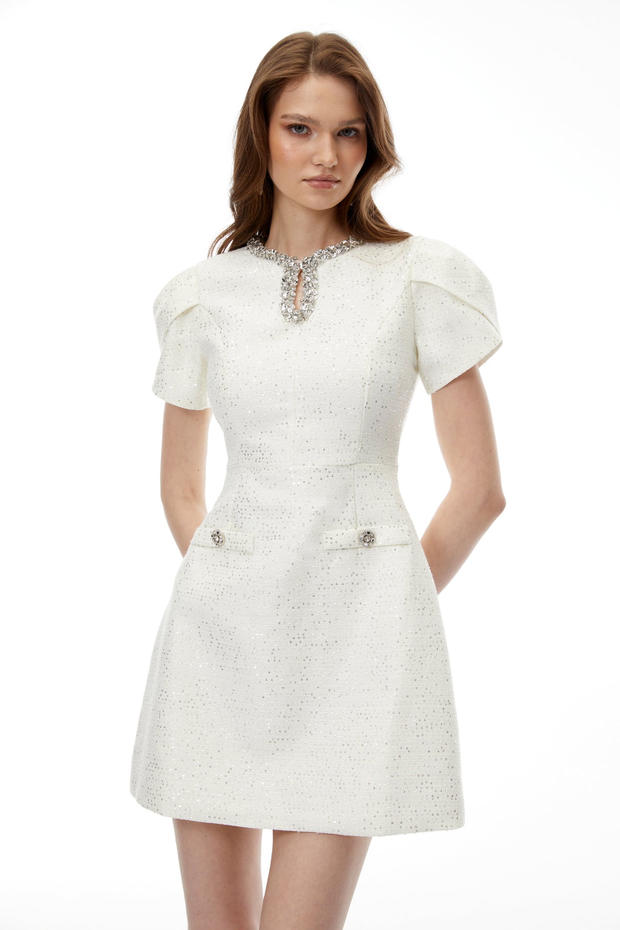 Aurohaya Ysolde Ivory Rhinestone Mini Dress