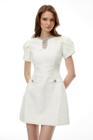 Aurohaya Ysolde Ivory Rhinestone Mini Dress