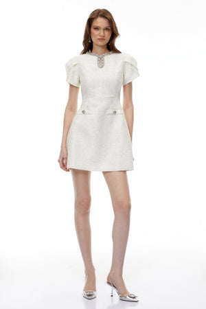 Aurohaya Ysolde Ivory Rhinestone Mini Dress