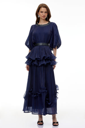 Aurohaya Yustyna Blue Embellished Pleated Maxi Dress