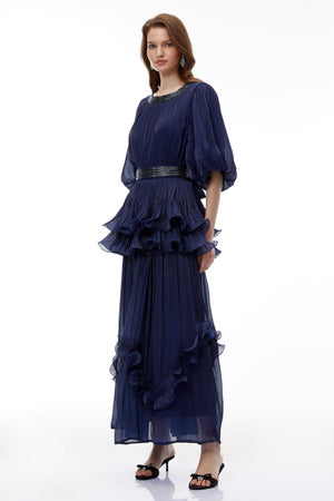 Aurohaya Yustyna Blue Embellished Pleated Maxi Dress