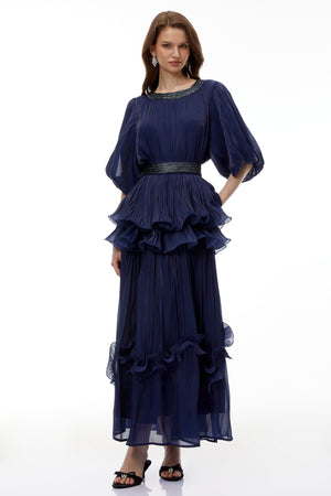Aurohaya Yustyna Blue Embellished Pleated Maxi Dress