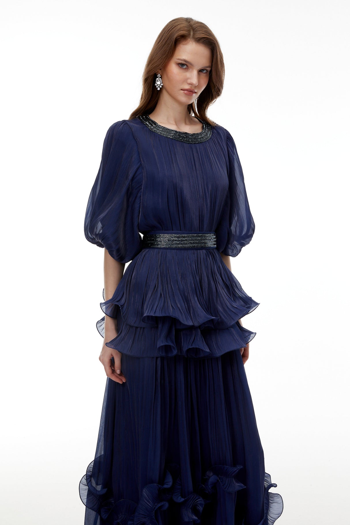 Aurohaya Yustyna Blue Embellished Pleated Maxi Dress