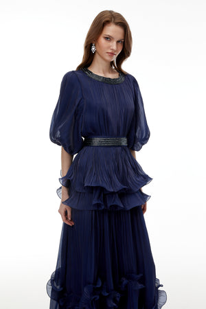 Aurohaya Yustyna Blue Embellished Pleated Maxi Dress