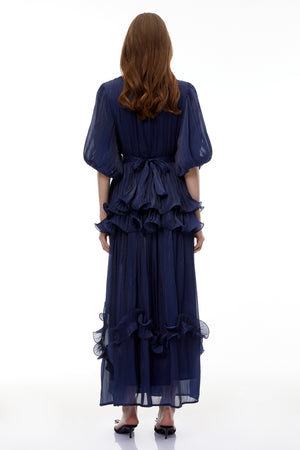 Aurohaya Yustyna Blue Embellished Pleated Maxi Dress
