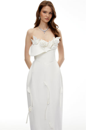 Aurohaya Zadie White Maxi Dress with 3D Petals