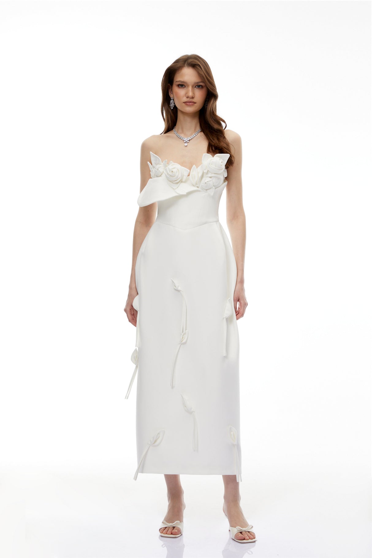 Aurohaya Zadie White Maxi Dress with 3D Petals