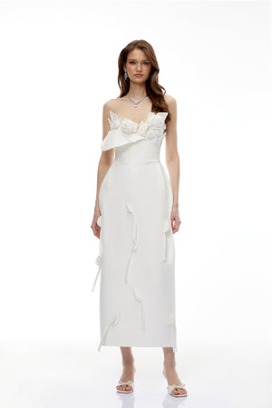 Aurohaya Zadie White Maxi Dress with 3D Petals