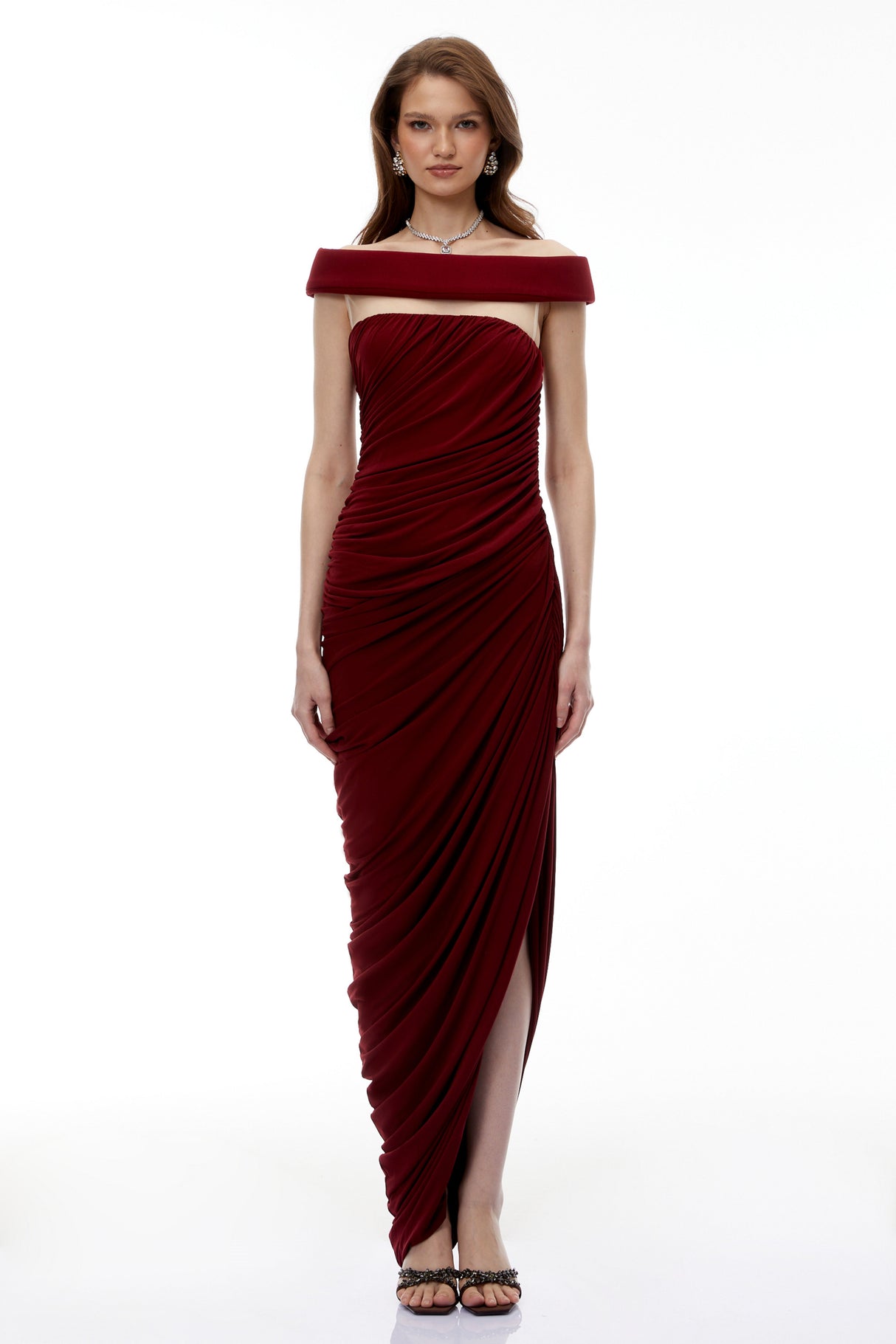 Aurohaya Zakiya Red Off Shoulder Ruched Maxi Dress