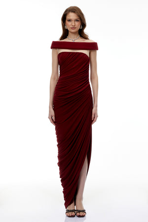 Aurohaya Zakiya Red Off Shoulder Ruched Maxi Dress