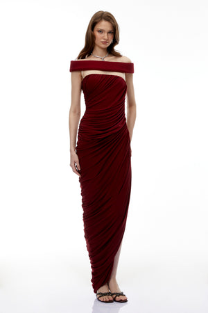 Aurohaya Zakiya Red Off Shoulder Ruched Maxi Dress