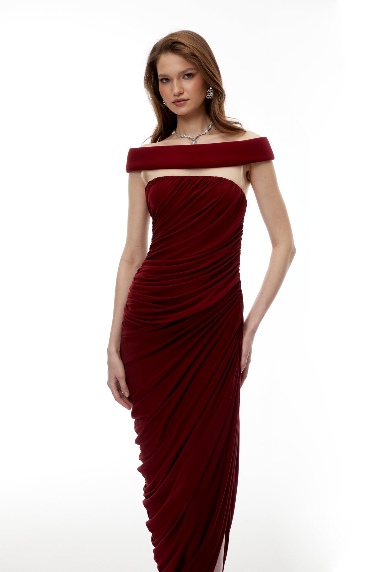 Aurohaya Zakiya Red Off Shoulder Ruched Maxi Dress