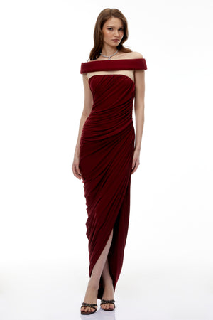 Aurohaya Zakiya Red Off Shoulder Ruched Maxi Dress