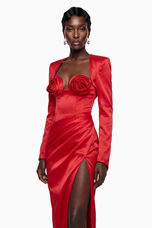 Aurohaya Zanele Red Ruched Maxi Dress with 3D Petals