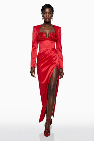 Aurohaya Zanele Red Ruched Maxi Dress with 3D Petals