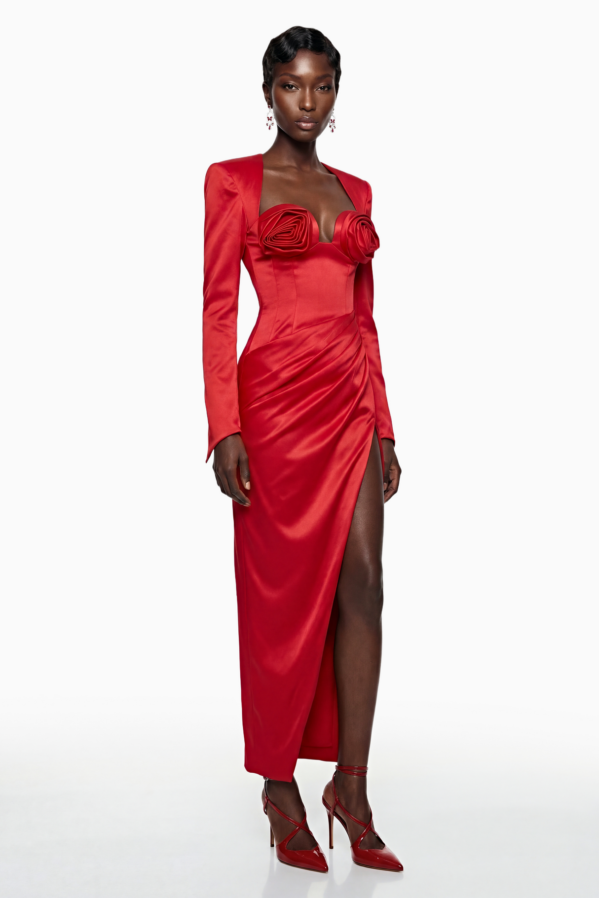 Aurohaya Zanele Red Ruched Maxi Dress with 3D Petals