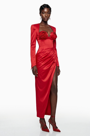 Aurohaya Zanele Red Ruched Maxi Dress with 3D Petals