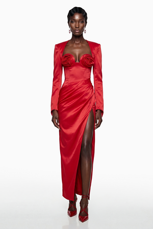 Aurohaya Zanele Red Ruched Maxi Dress with 3D Petals