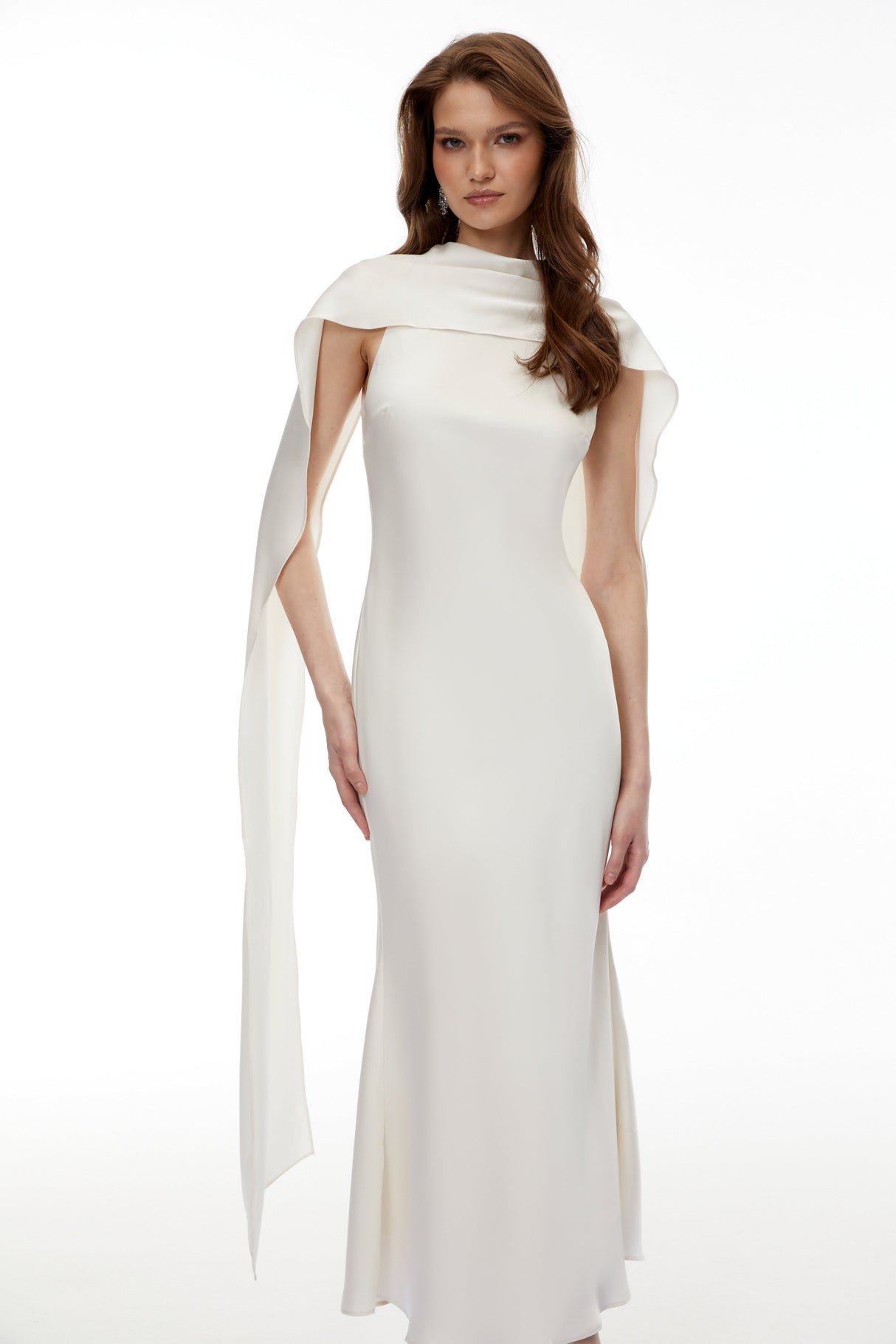 Aurohaya Zarrin Cream White Foldover Midi Dress