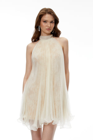 Aurohaya Zélie Neutral Ruffled Pleated Mini Dress