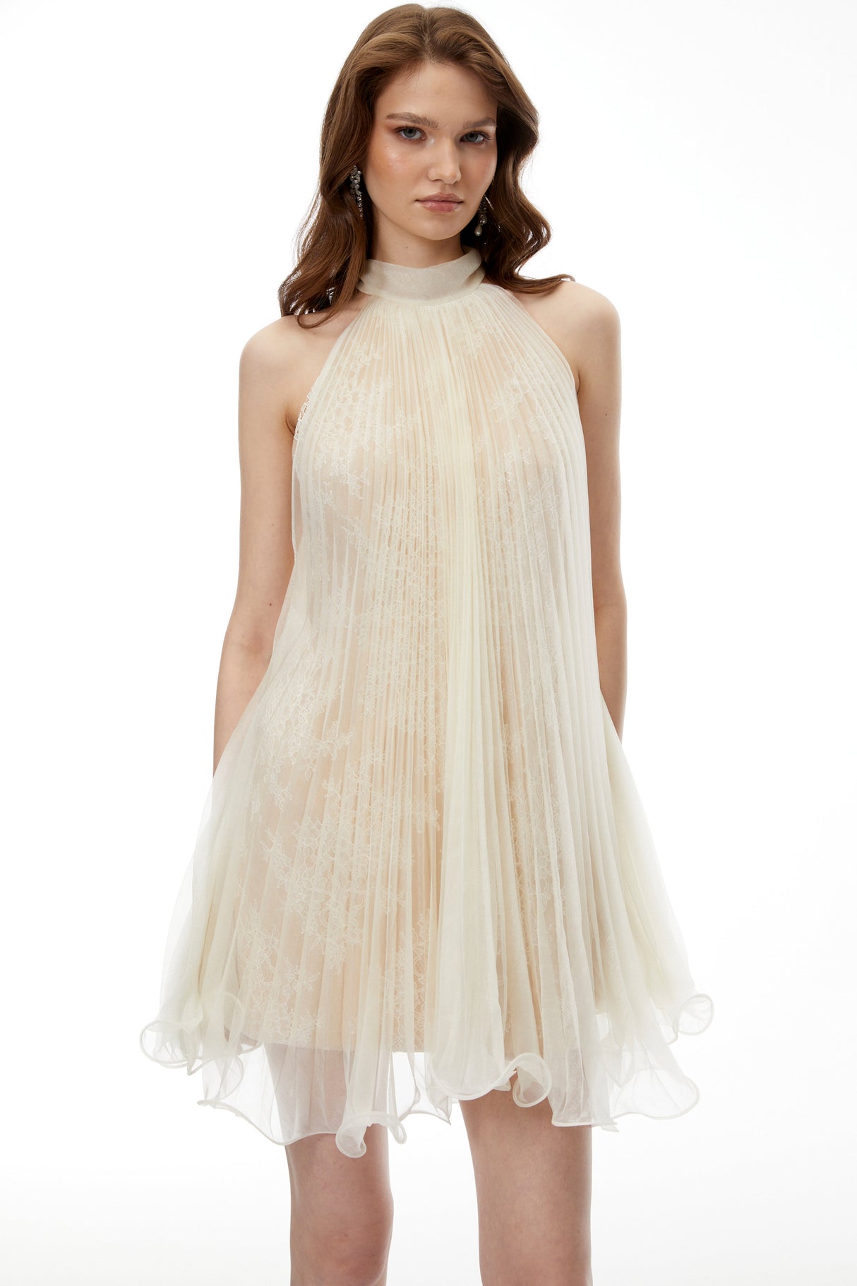 Aurohaya Zélie Neutral Ruffled Pleated Mini Dress