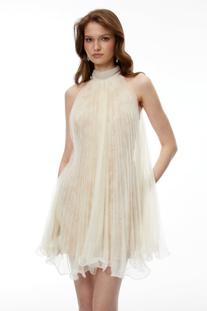 Aurohaya Zélie Neutral Ruffled Pleated Mini Dress
