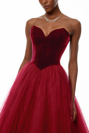 Aurohaya Zelna Red Ball Maxi Gown with Mesh Panels