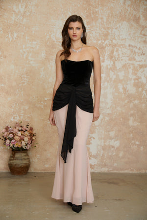 Aurohaya Zendaya Black Off Shoulder Color Block Maxi Dress