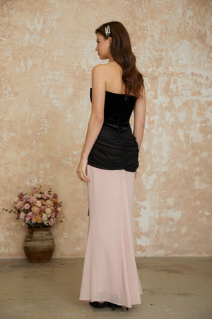 Aurohaya Zendaya Black Off Shoulder Color Block Maxi Dress