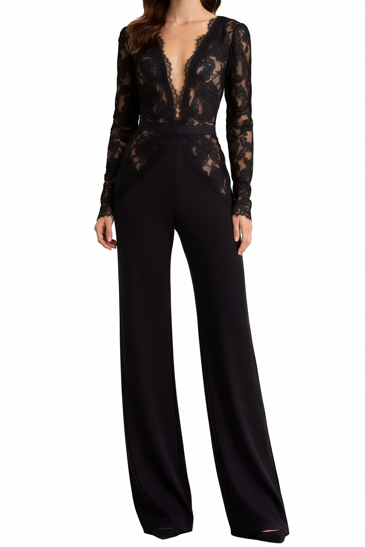 Aurohaya Zhadana Black Semi-Sheer Lace Panel Jumpsuit