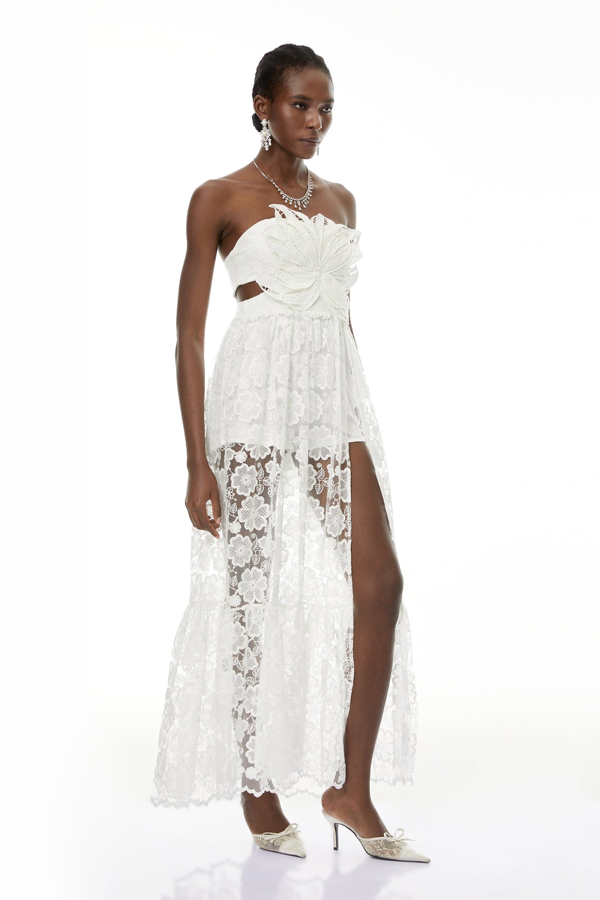Aurohaya Zinhle White Cut-Out Floral Lace Maxi Dress