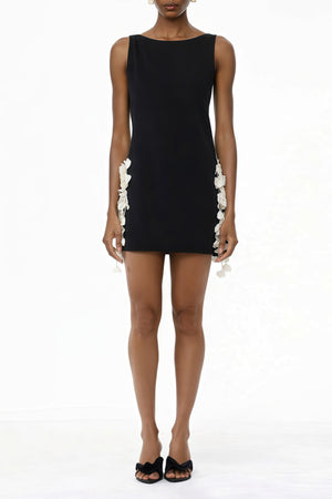 Aurohaya Zinnia Black Cut-Out Mini Dress with 3D Petals