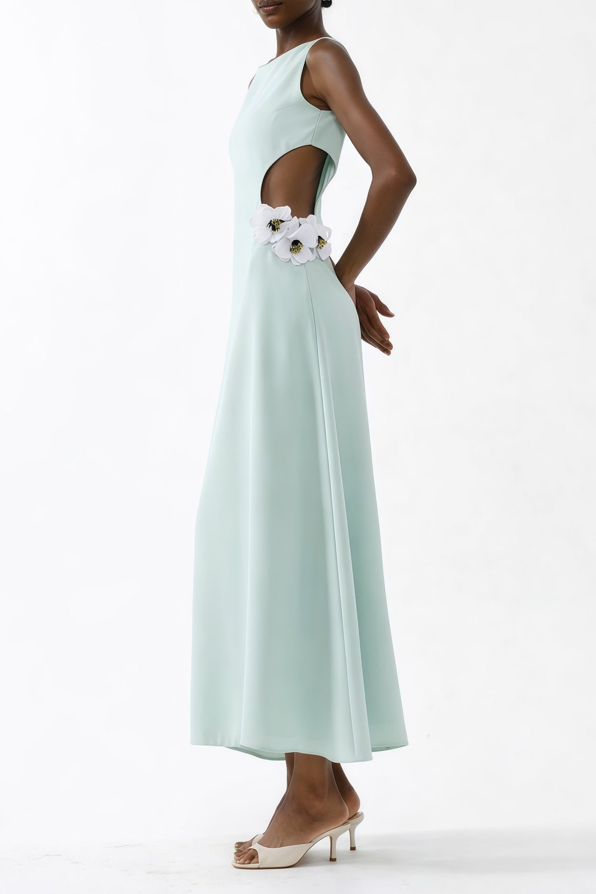 Aurohaya Zinnia Green Cut-Out Maxi Dress with 3D Petals