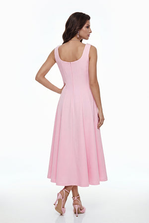 Aurohaya Zinnia Pink Pleated Midi Dress with 3D Petals